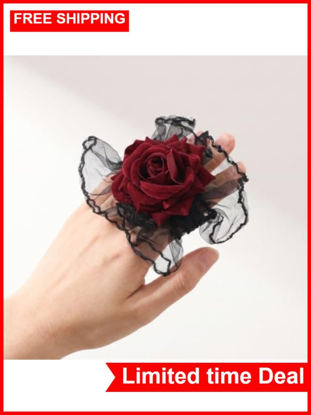 Black Lace Gloves with Red Roses Gothic Wrist Cuff Halloween Accessory - Picture 2 of 6
